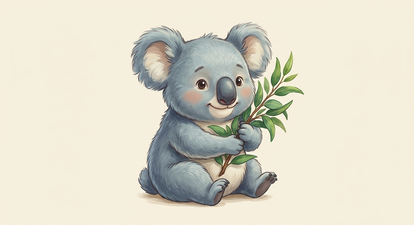 Koda the koala mascot holding a eucalyptus branch